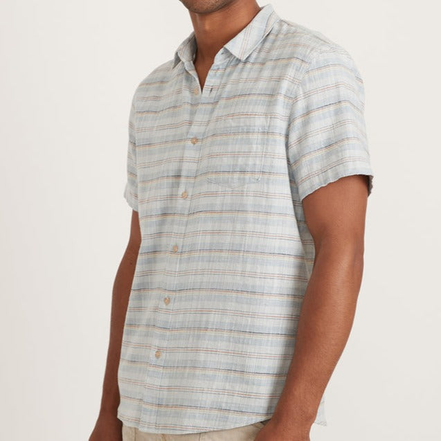 Short Sleeve Striped Selvage Cotton Shirt in Blue Multi Stripe